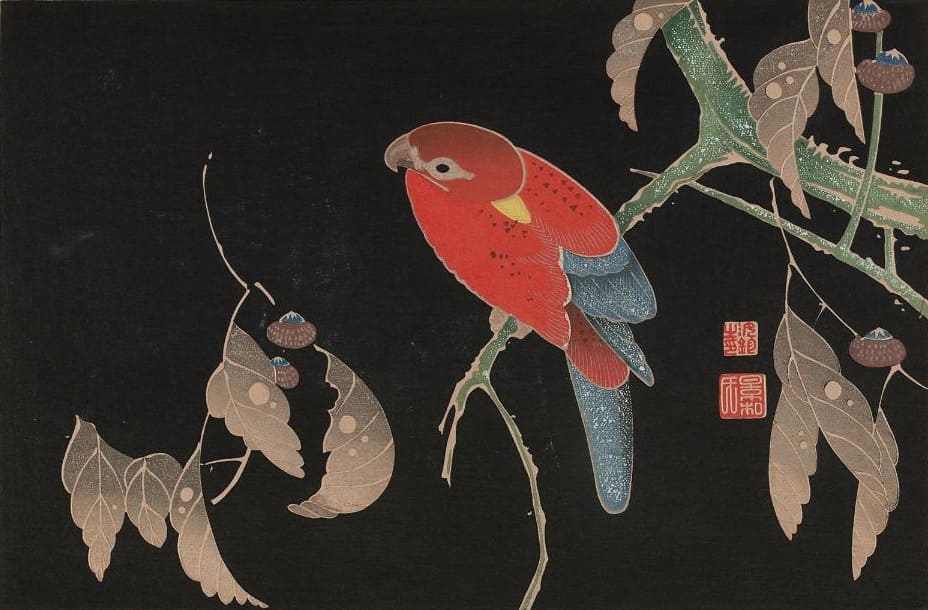 『櫟に鸚哥図』伊藤若冲